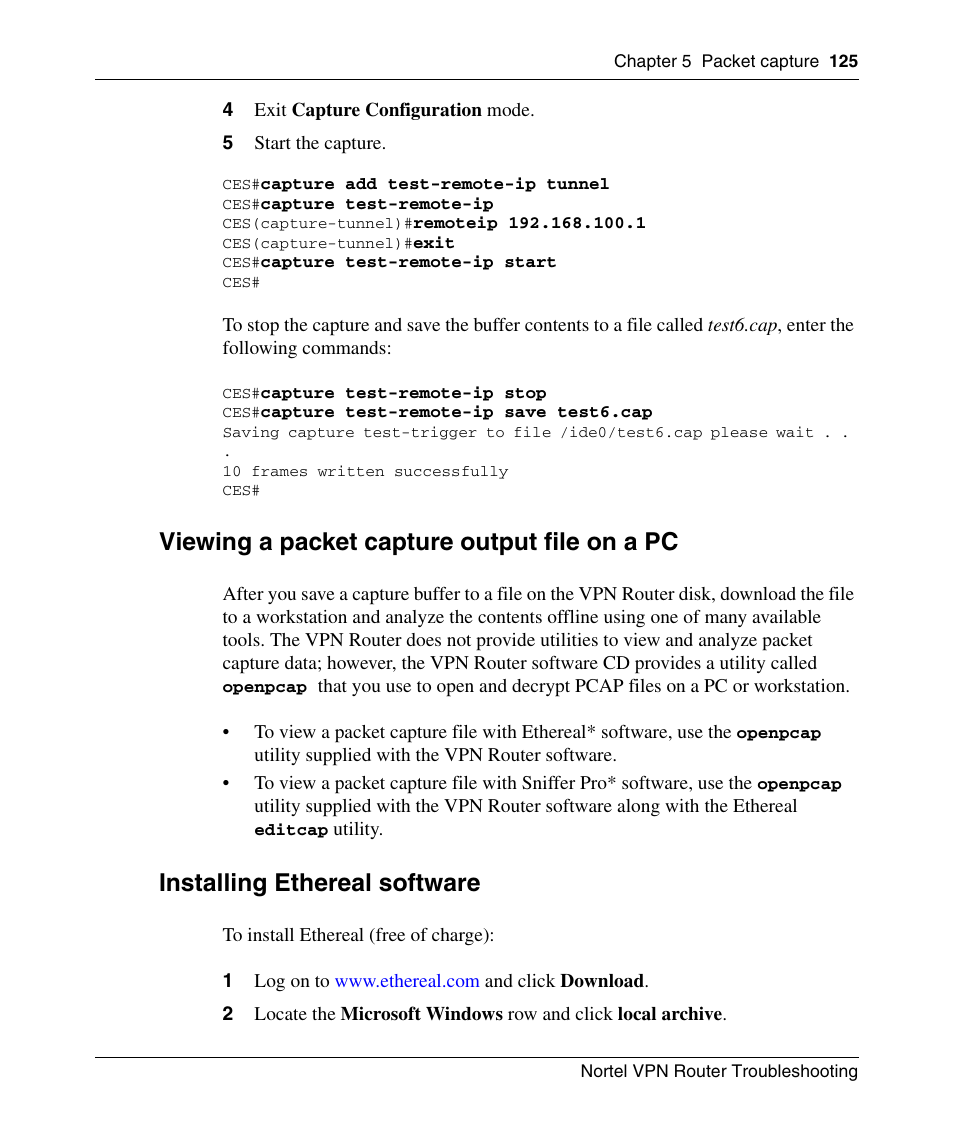 Viewing a packet capture output file on a pc, Installing ethereal software | Nortel Networks NN46110-602 User Manual | Page 125 / 230