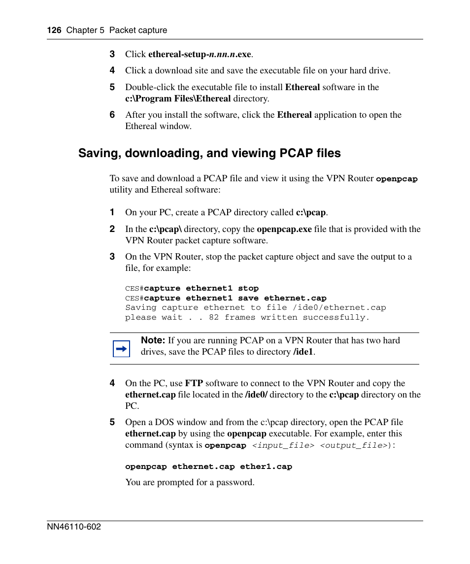 Saving, downloading, and viewing pcap files | Nortel Networks NN46110-602 User Manual | Page 126 / 230