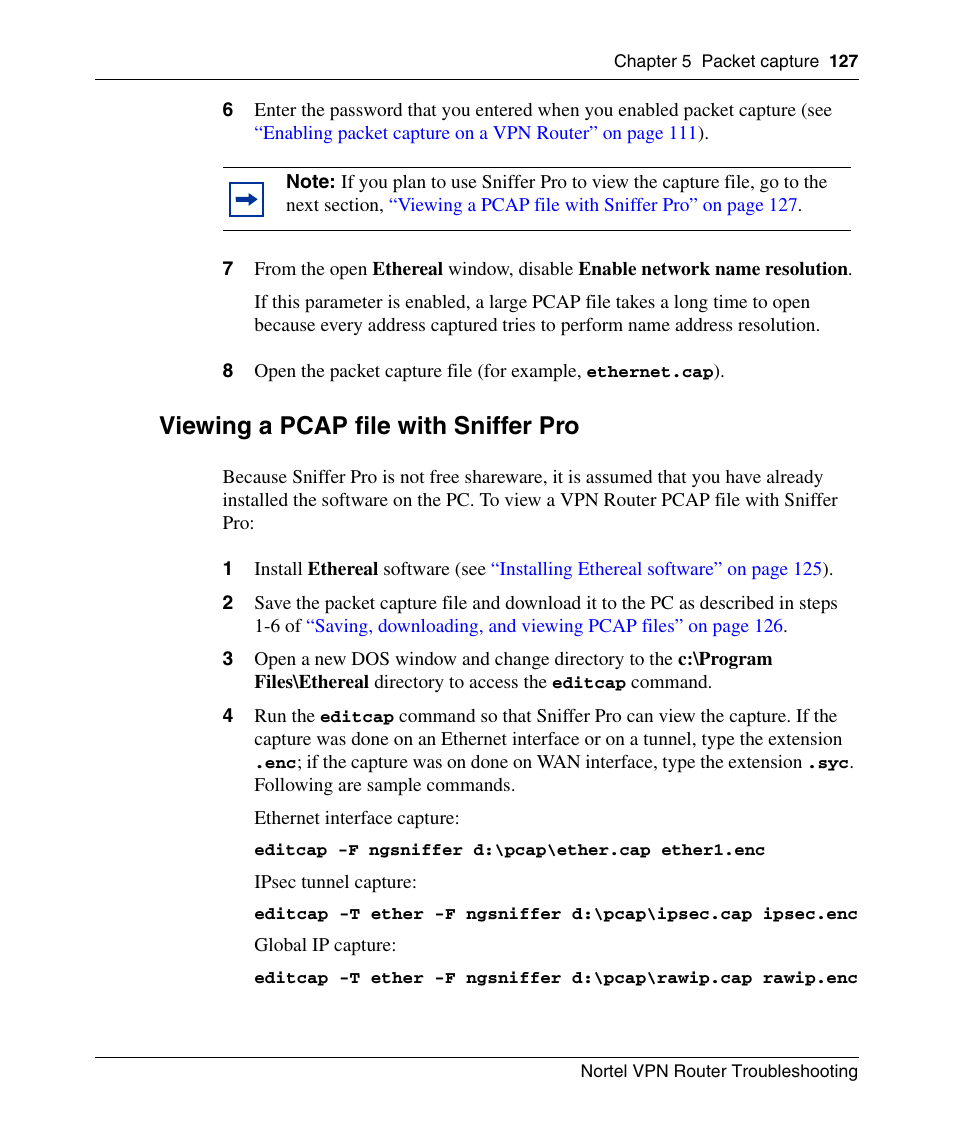 Viewing a pcap file with sniffer pro | Nortel Networks NN46110-602 User Manual | Page 127 / 230