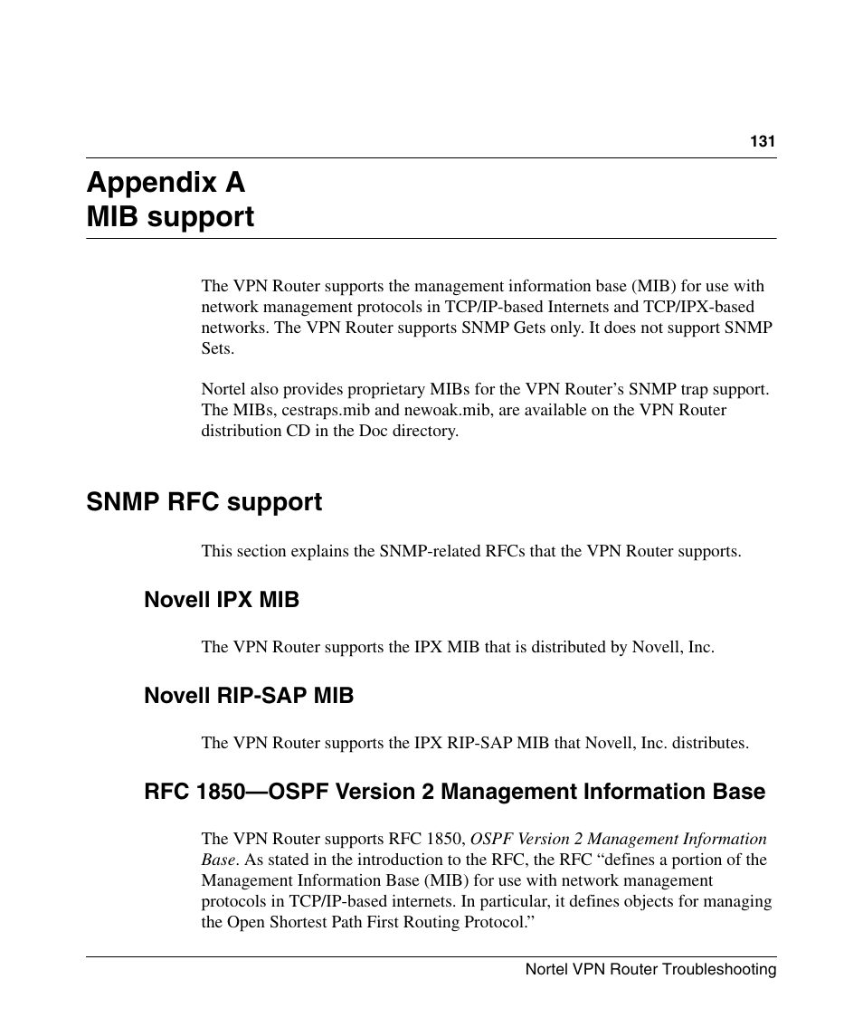 Appendix a: mib support, Snmp rfc support, Novell ipx mib | Novell rip-sap mib, Appendix a mib support | Nortel Networks NN46110-602 User Manual | Page 131 / 230