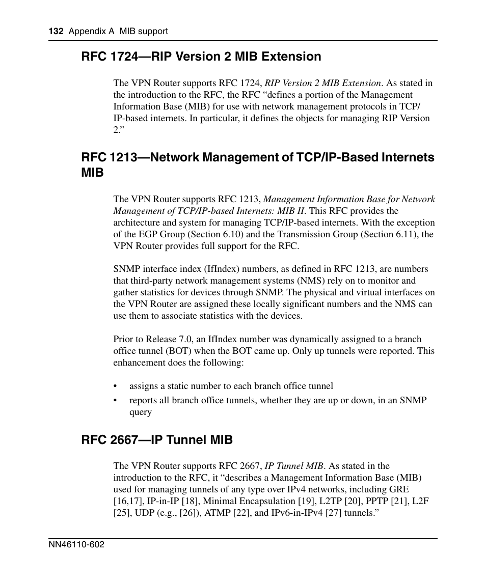 Rfc 1724-rip version 2 mib extension, Rfc 2667-ip tunnel mib, Rfc 1724—rip version 2 mib extension | Rfc 2667—ip tunnel mib, X enhancement, see, Rfc 1213—network | Nortel Networks NN46110-602 User Manual | Page 132 / 230