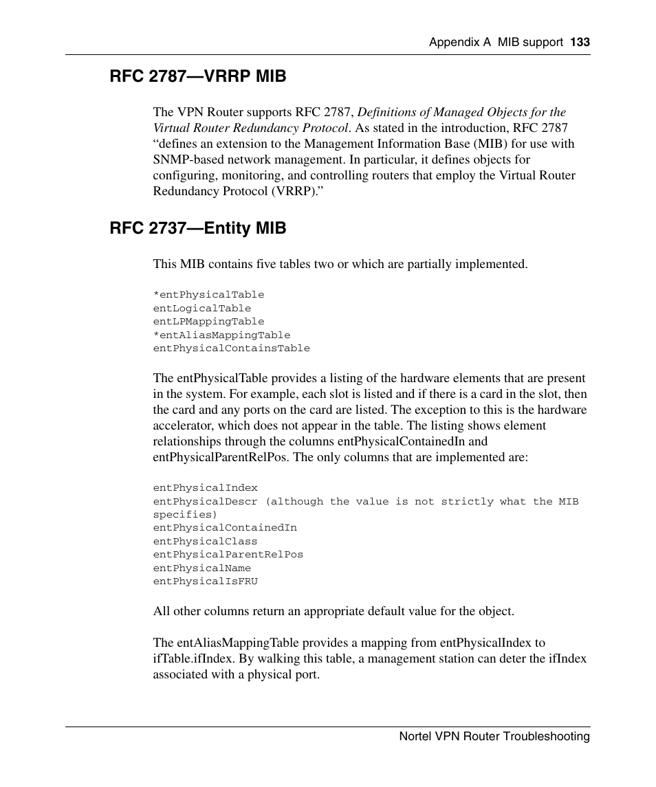 Rfc 2787-vrrp mib, Rfc 2737-entity mib, Rfc 2787—vrrp mib | Rfc 2737—entity mib | Nortel Networks NN46110-602 User Manual | Page 133 / 230