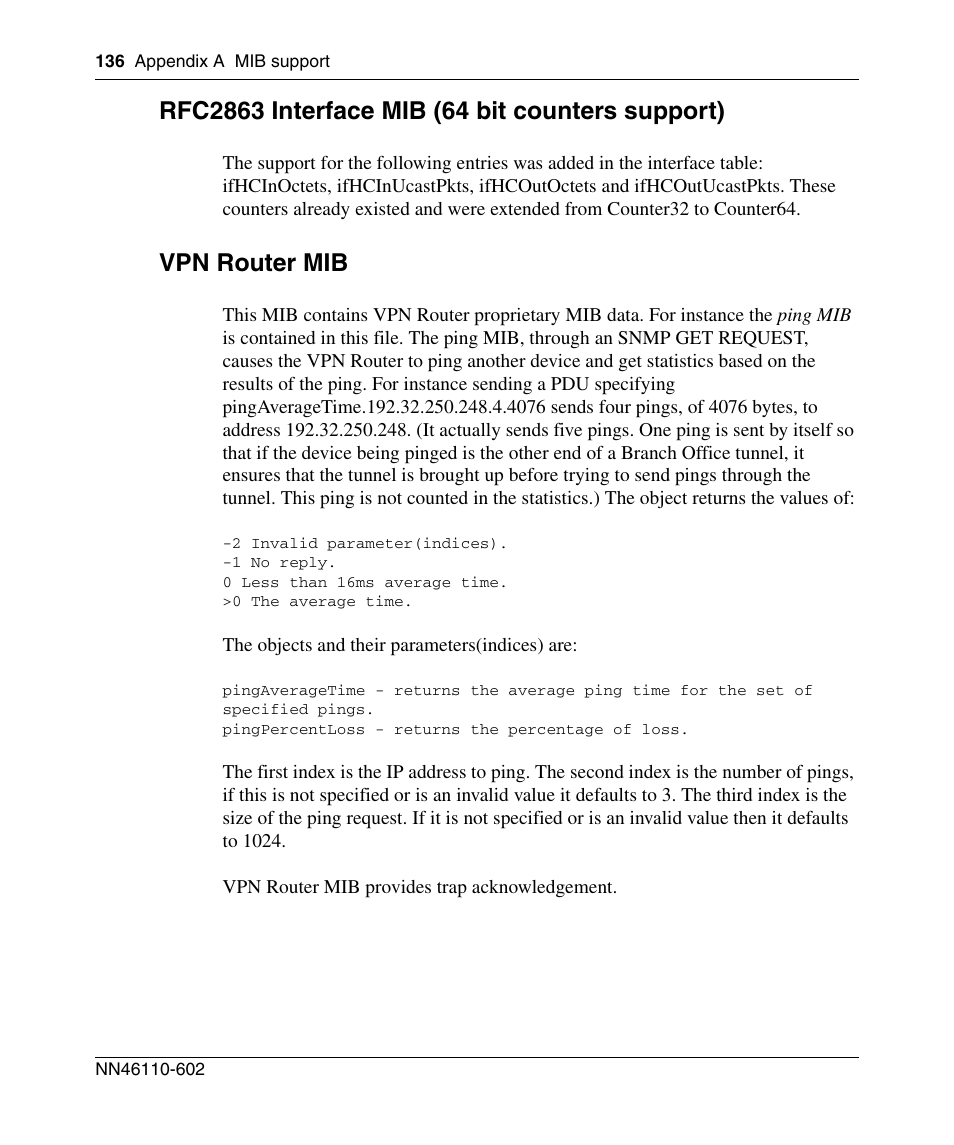 Rfc2863 interface mib (64 bit counters support), Vpn router mib | Nortel Networks NN46110-602 User Manual | Page 136 / 230