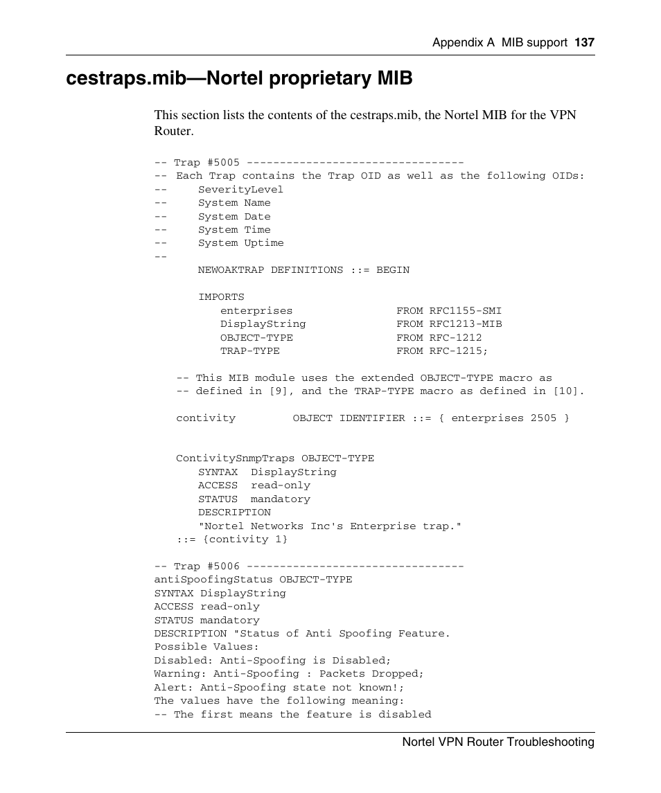 Cestraps.mib-nortel proprietary mib, Cestraps.mib—nortel proprietary mib | Nortel Networks NN46110-602 User Manual | Page 137 / 230