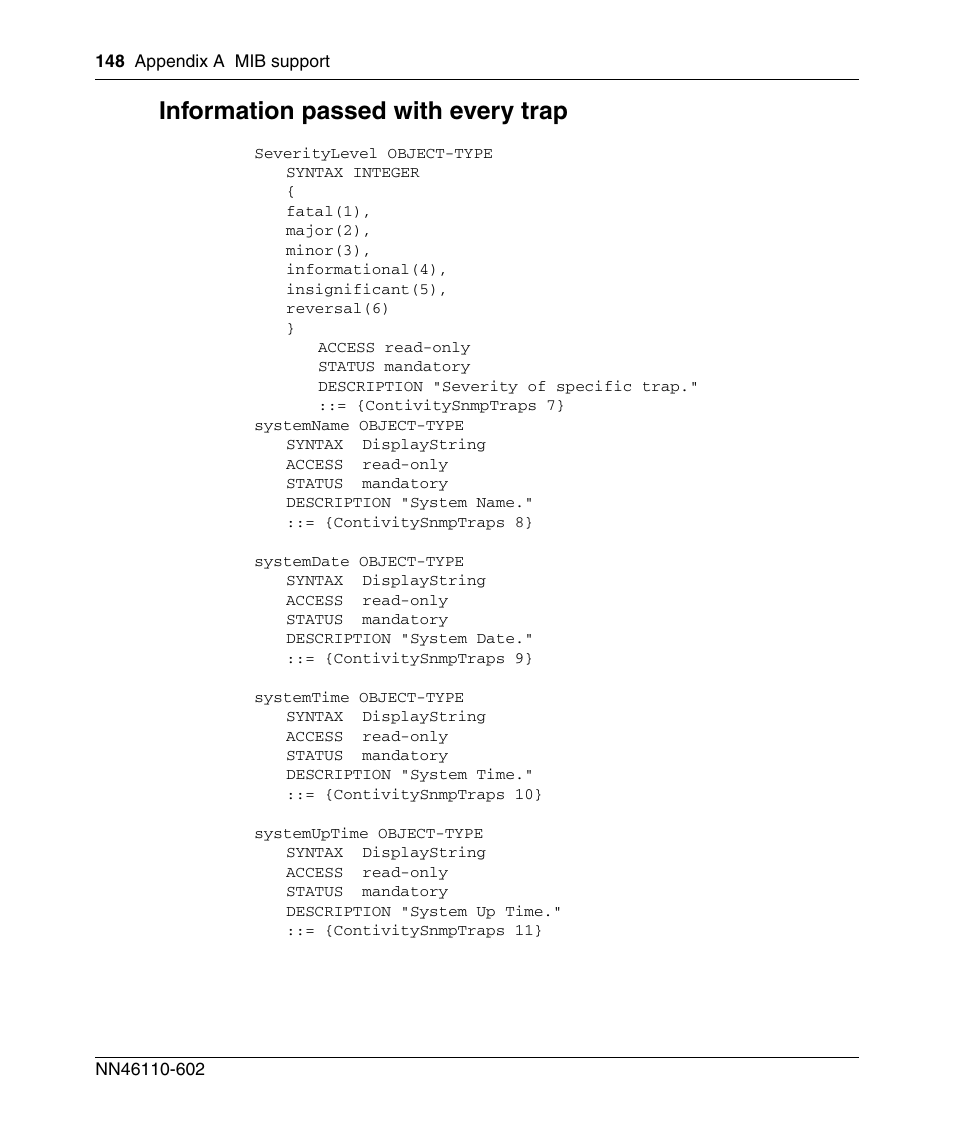 Information passed with every trap | Nortel Networks NN46110-602 User Manual | Page 148 / 230