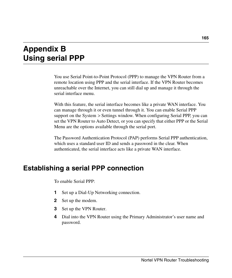 Appendix b: using serial ppp, Establishing a serial ppp connection, Appendix b using serial ppp | Nortel Networks NN46110-602 User Manual | Page 165 / 230