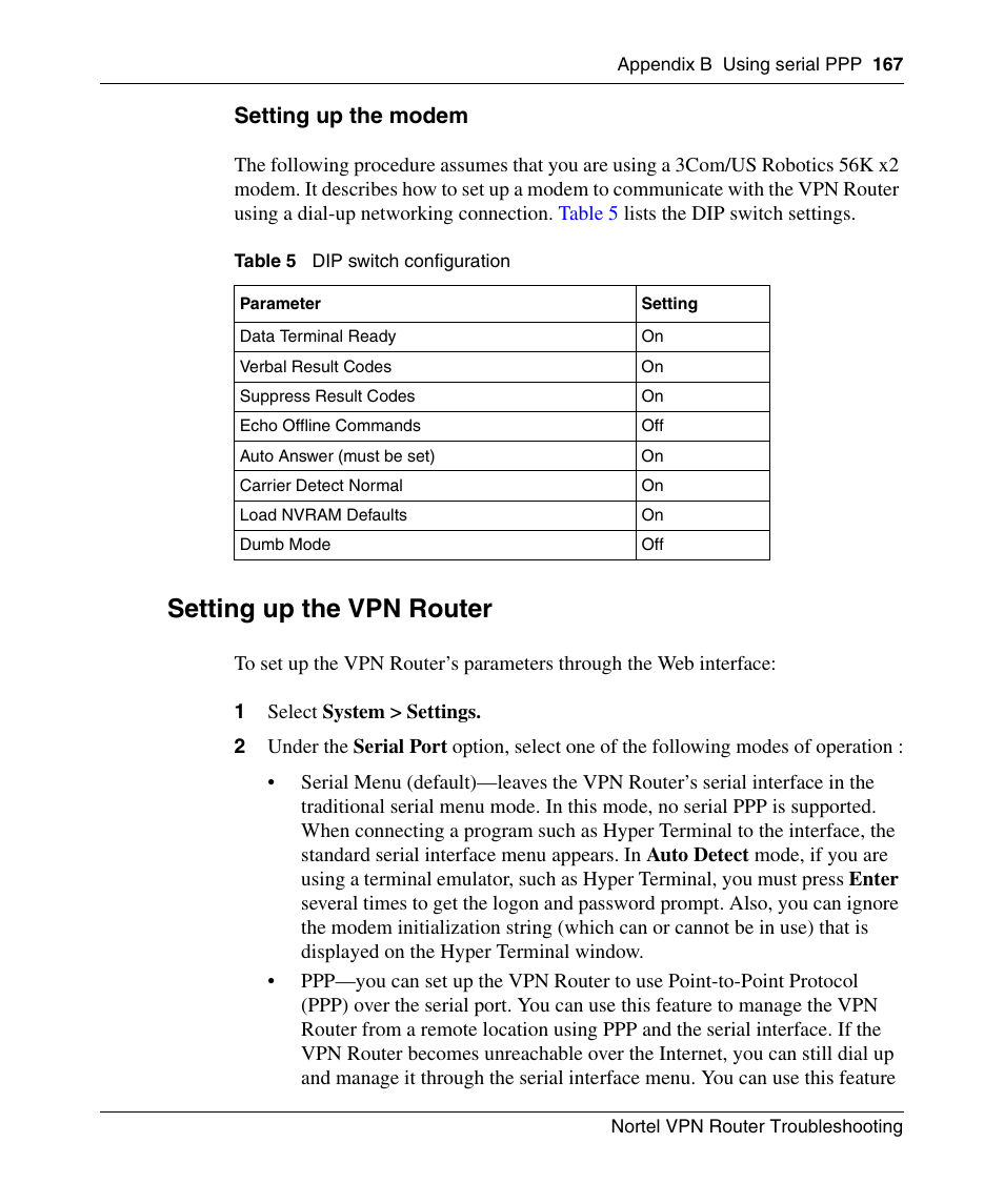 Setting up the modem, Setting up the vpn router, Table 5 | Dip switch configuration | Nortel Networks NN46110-602 User Manual | Page 167 / 230