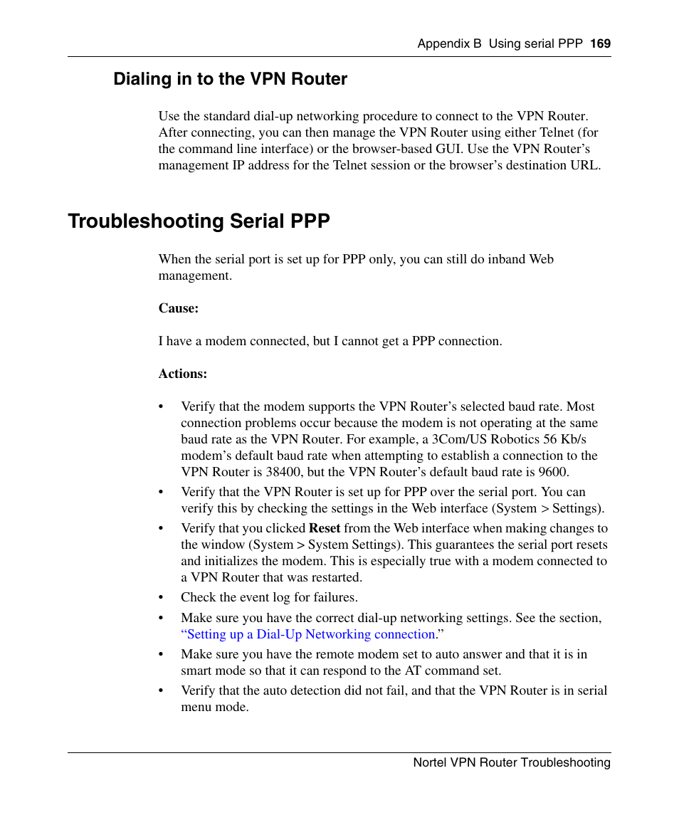 Dialing in to the vpn router, Troubleshooting serial ppp | Nortel Networks NN46110-602 User Manual | Page 169 / 230