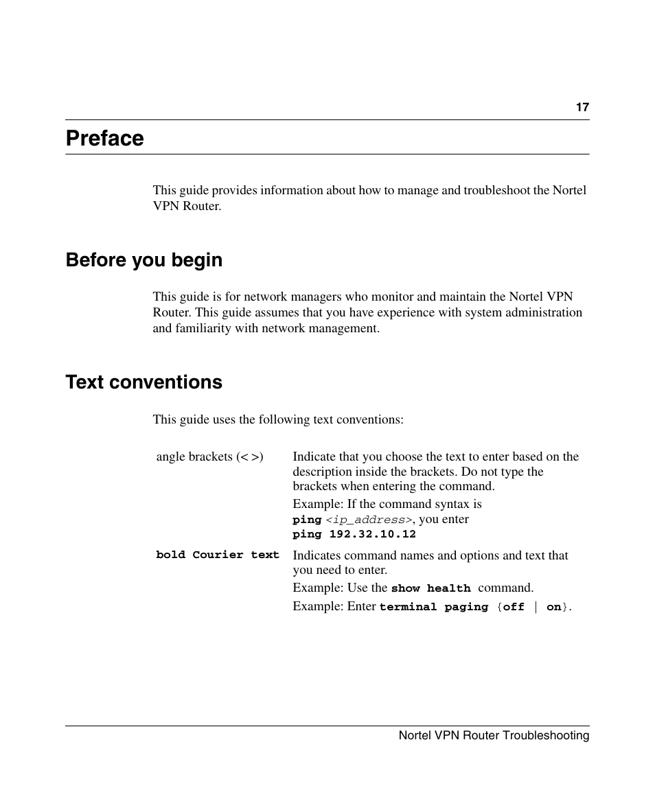 Preface, Before you begin, Text conventions | Nortel Networks NN46110-602 User Manual | Page 17 / 230