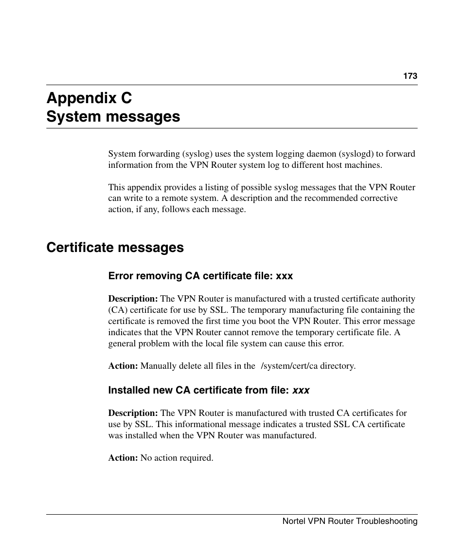 Appendix c: system messages, Certificate messages, Appendix c system messages | Nortel Networks NN46110-602 User Manual | Page 173 / 230