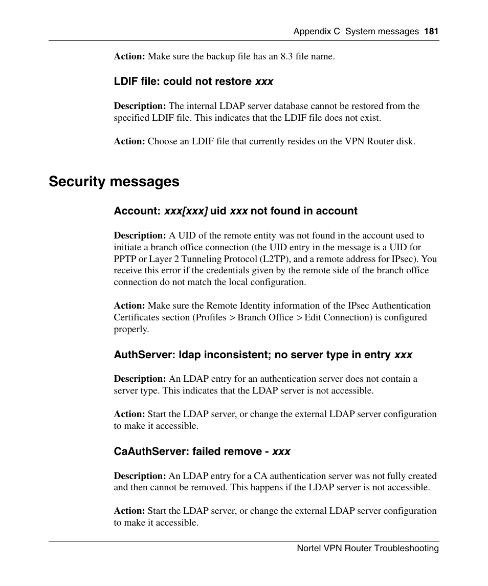 Security messages | Nortel Networks NN46110-602 User Manual | Page 181 / 230