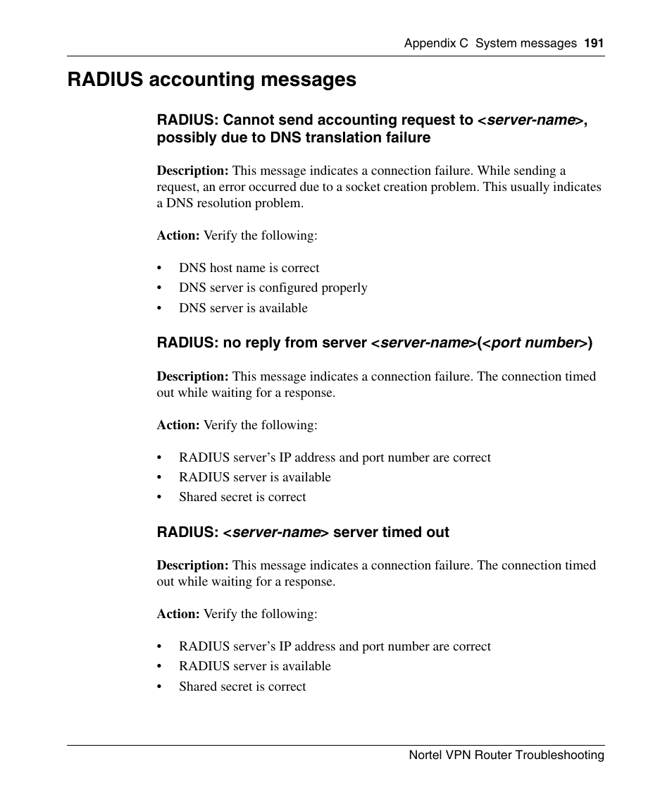 Radius accounting messages | Nortel Networks NN46110-602 User Manual | Page 191 / 230