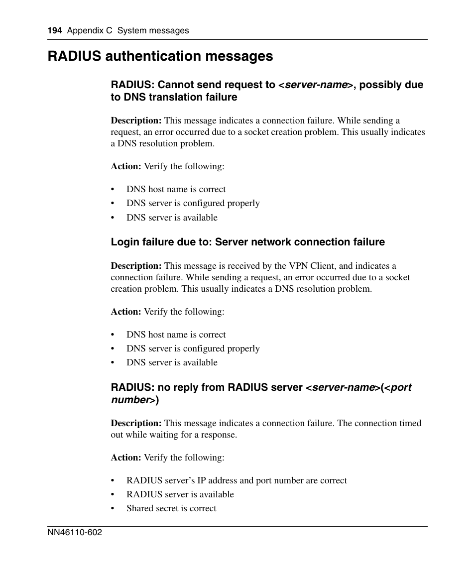 Radius authentication messages | Nortel Networks NN46110-602 User Manual | Page 194 / 230