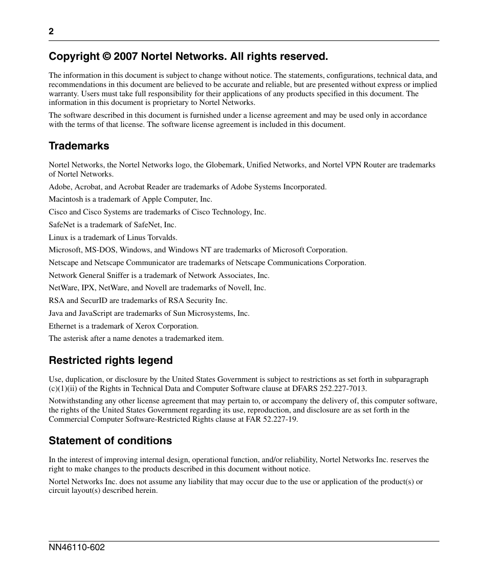 Trademarks, Restricted rights legend, Statement of conditions | Nortel Networks NN46110-602 User Manual | Page 2 / 230