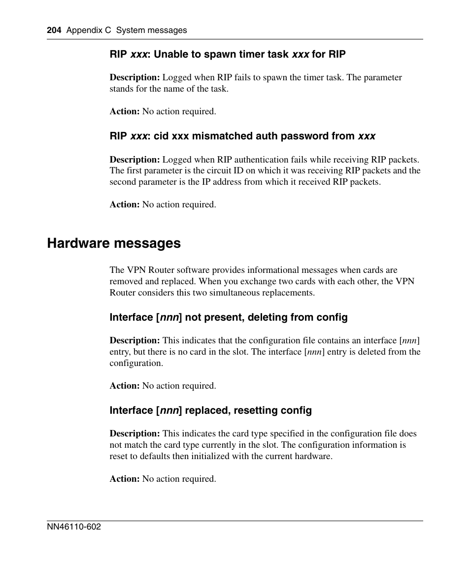 Hardware messages | Nortel Networks NN46110-602 User Manual | Page 204 / 230