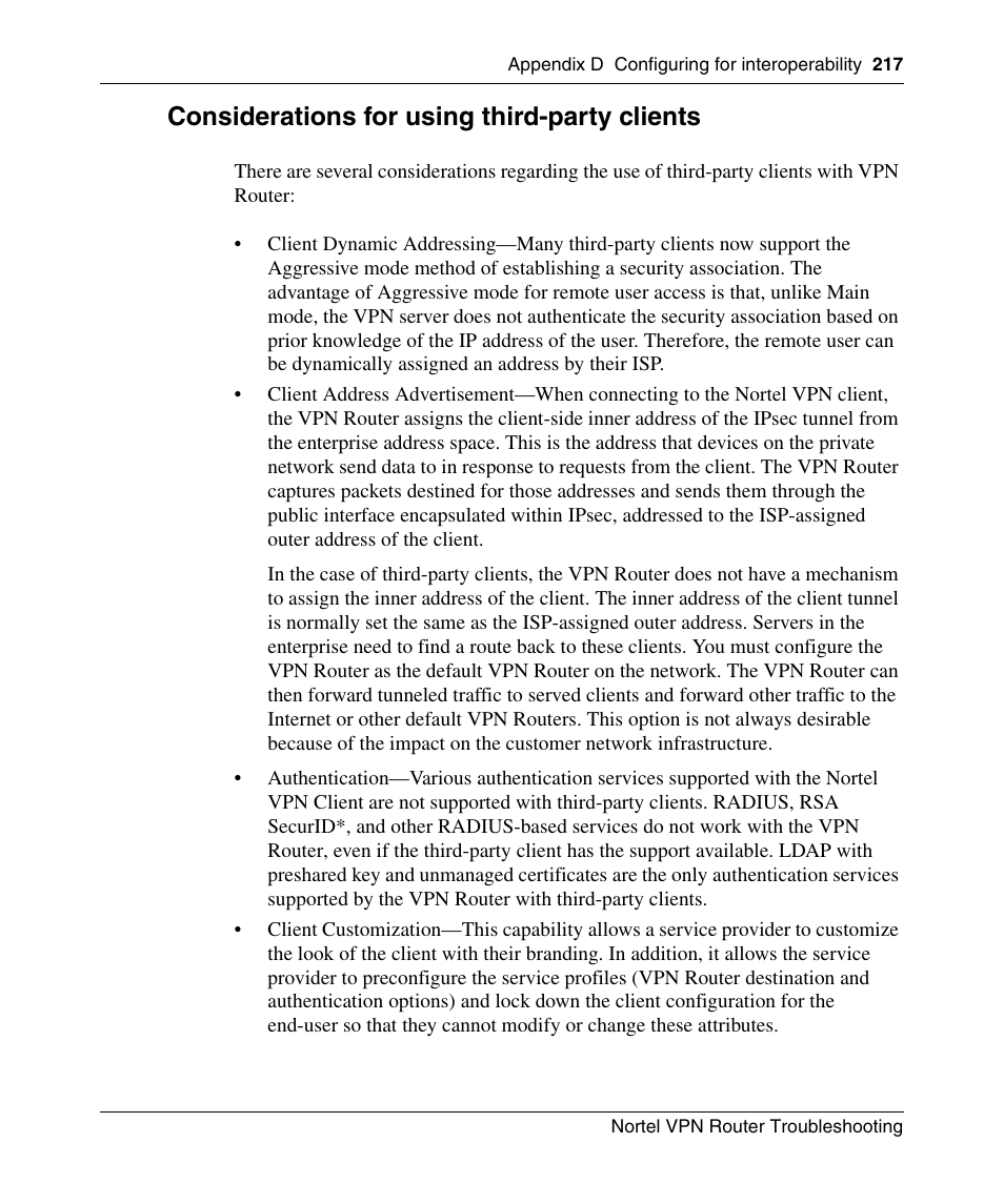 Considerations for using third-party clients | Nortel Networks NN46110-602 User Manual | Page 217 / 230