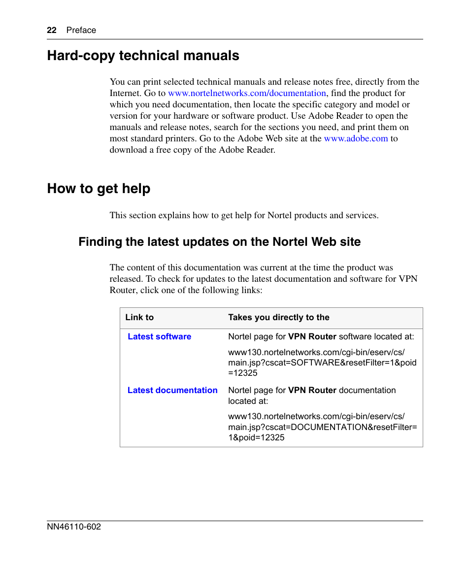 Hard-copy technical manuals, How to get help, Finding the latest updates on the nortel web site | Nortel Networks NN46110-602 User Manual | Page 22 / 230