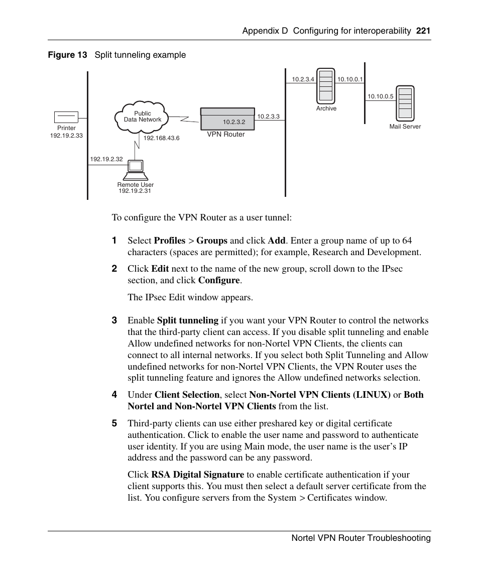 Figure 13, Split tunneling example | Nortel Networks NN46110-602 User Manual | Page 221 / 230