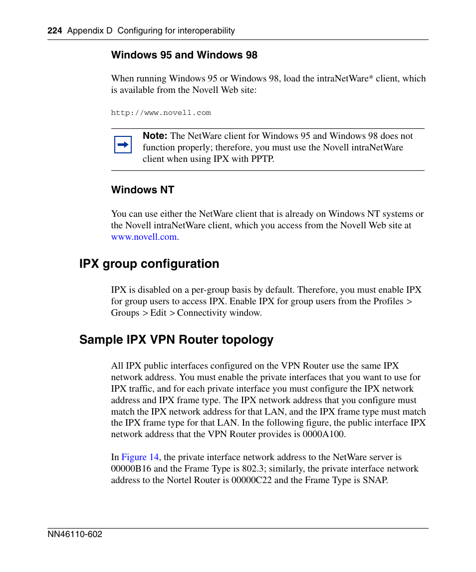 Windows 95 and windows 98, Windows nt, Ipx group configuration | Sample ipx vpn router topology | Nortel Networks NN46110-602 User Manual | Page 224 / 230