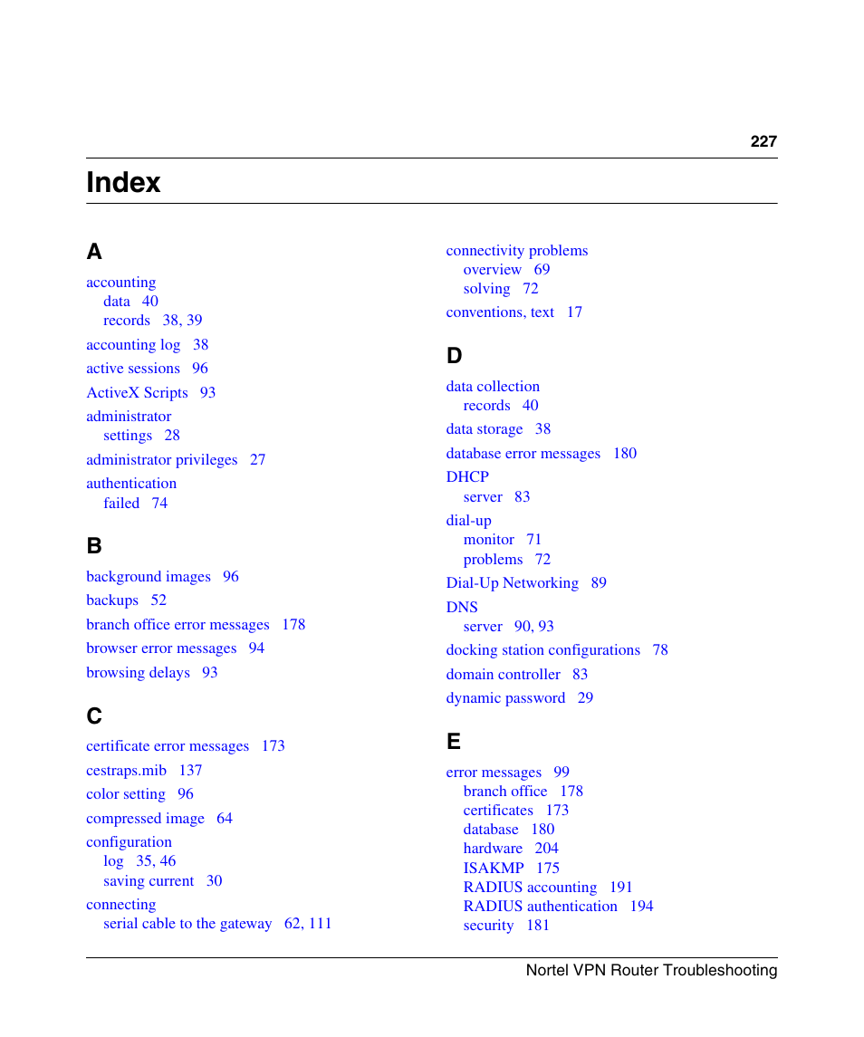 Index | Nortel Networks NN46110-602 User Manual | Page 227 / 230