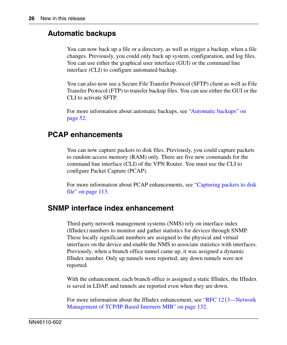 Automatic backups, Pcap enhancements, Snmp interface index enhancement | Nortel Networks NN46110-602 User Manual | Page 26 / 230