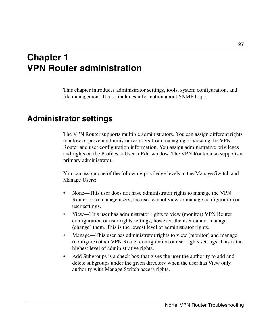 Chapter 1: vpn router administration, Administrator settings, Chapter 1 vpn router administration | Nortel Networks NN46110-602 User Manual | Page 27 / 230