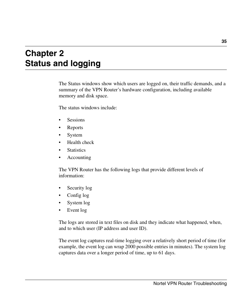 Chapter 2: status and logging, Chapter 2 status and logging | Nortel Networks NN46110-602 User Manual | Page 35 / 230