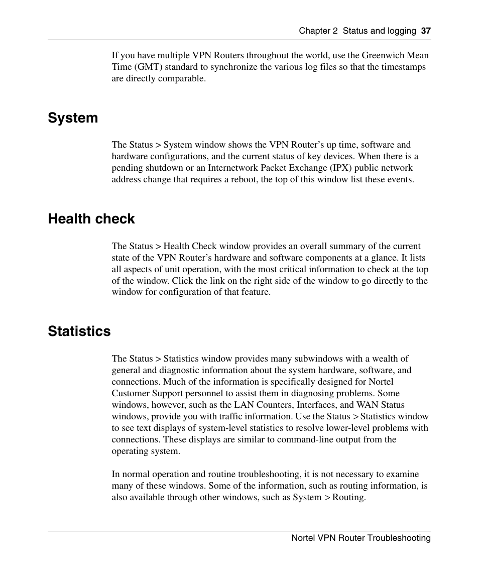 System, Health check, Statistics | Nortel Networks NN46110-602 User Manual | Page 37 / 230