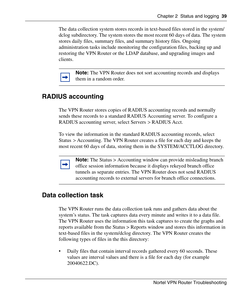 Radius accounting, Data collection task | Nortel Networks NN46110-602 User Manual | Page 39 / 230