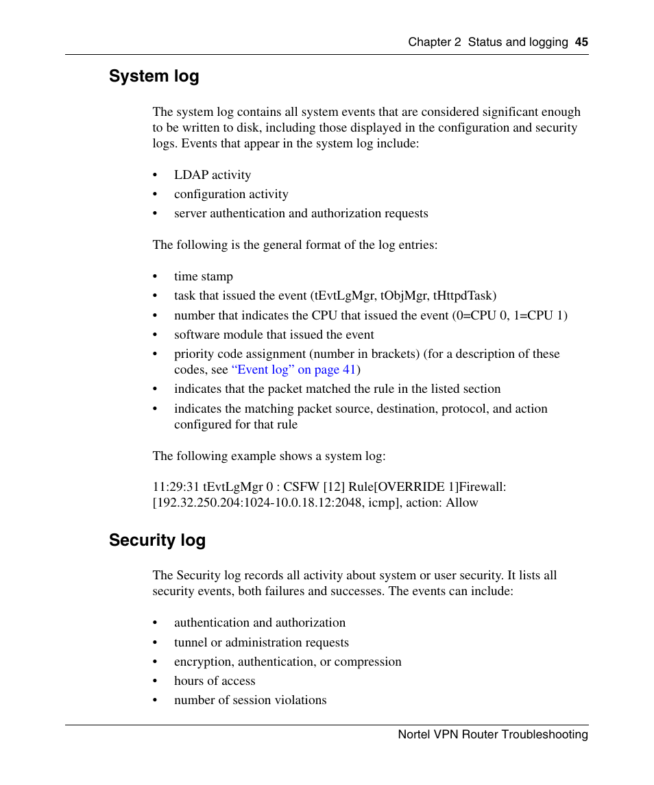 System log, Security log | Nortel Networks NN46110-602 User Manual | Page 45 / 230