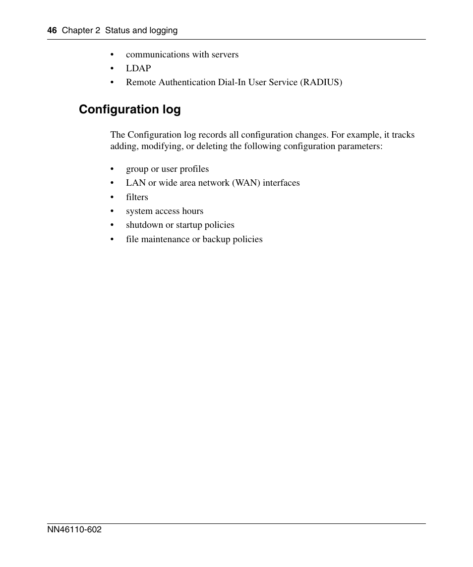 Configuration log | Nortel Networks NN46110-602 User Manual | Page 46 / 230