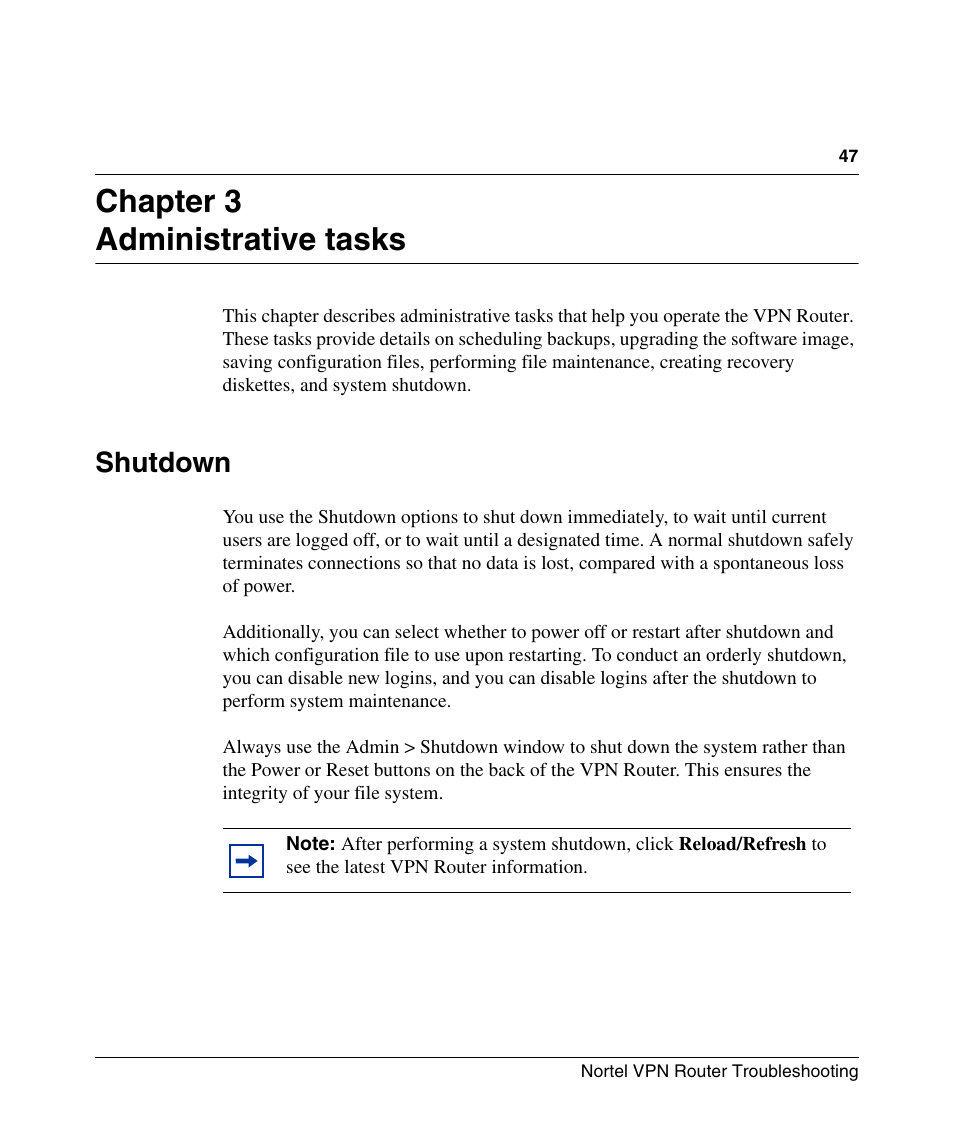 Chapter 3: administrative tasks, Shutdown, Chapter 3 administrative tasks | Nortel Networks NN46110-602 User Manual | Page 47 / 230