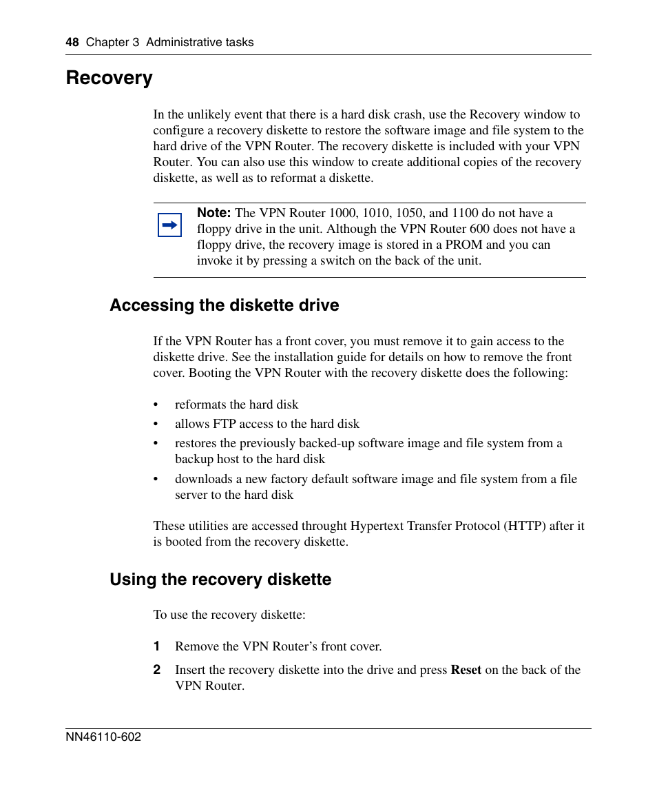 Recovery, Accessing the diskette drive, Using the recovery diskette | Nortel Networks NN46110-602 User Manual | Page 48 / 230