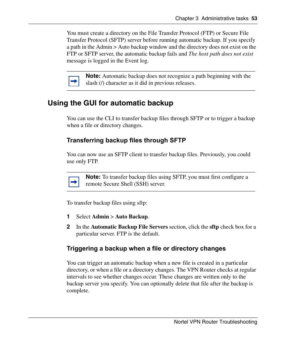 Using the gui for automatic backup, Transferring backup files through sftp | Nortel Networks NN46110-602 User Manual | Page 53 / 230