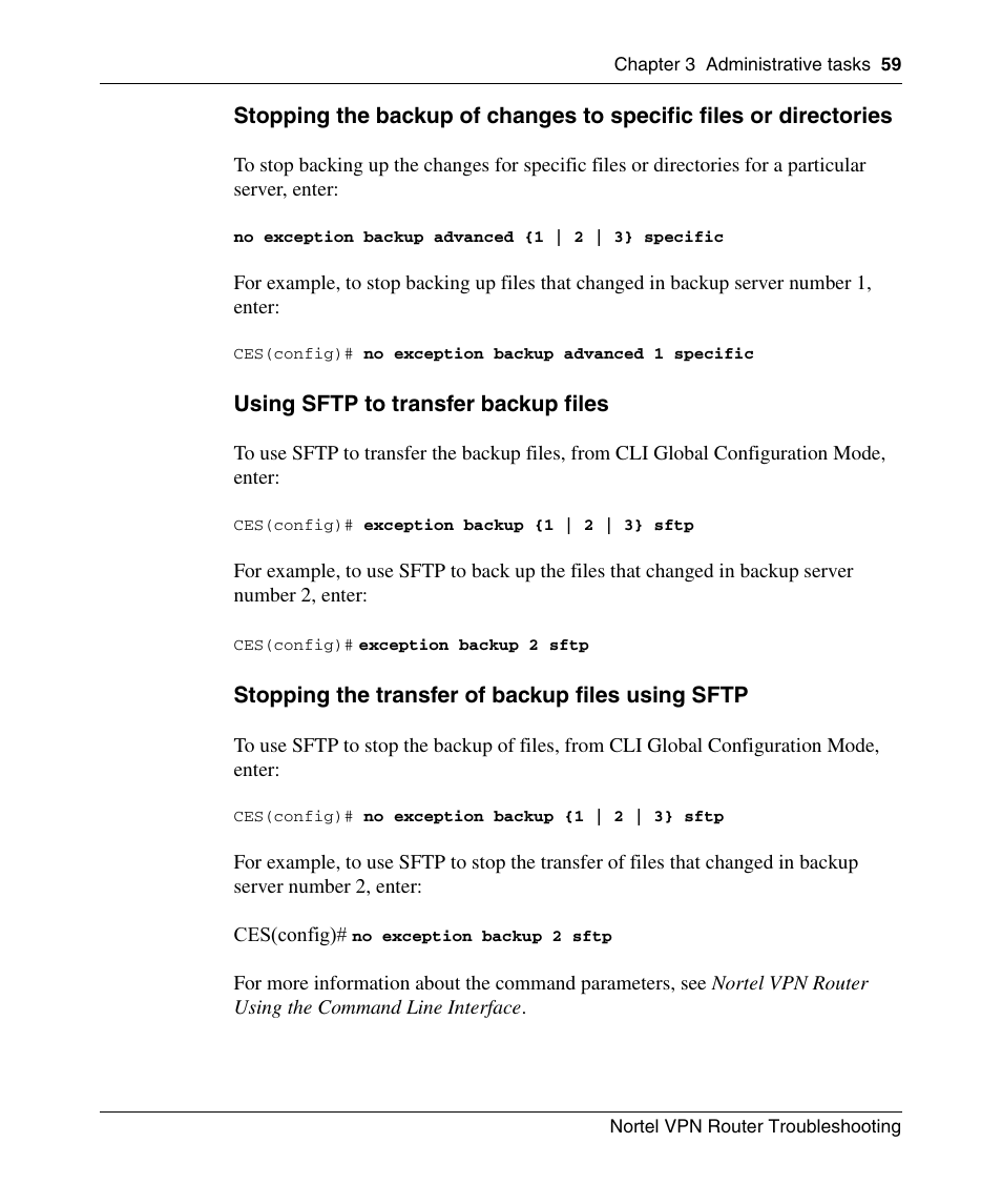 Using sftp to transfer backup files, Stopping the transfer of backup files using sftp | Nortel Networks NN46110-602 User Manual | Page 59 / 230