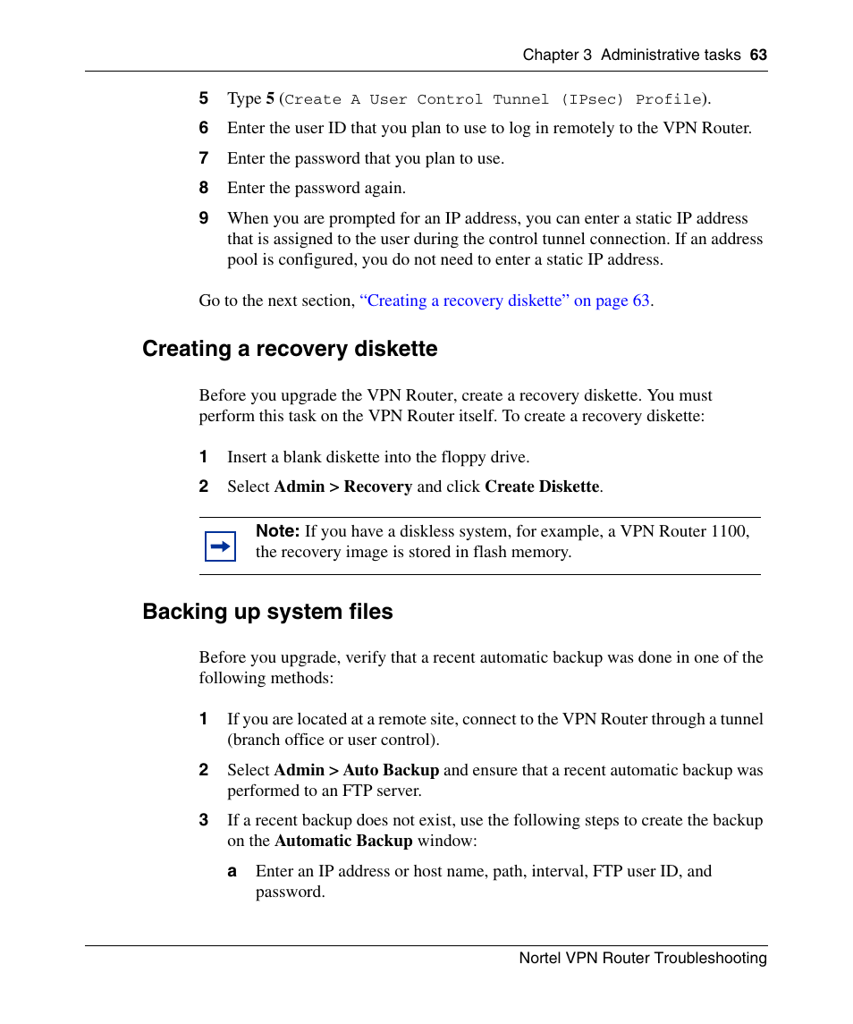 Creating a recovery diskette, Backing up system files | Nortel Networks NN46110-602 User Manual | Page 63 / 230