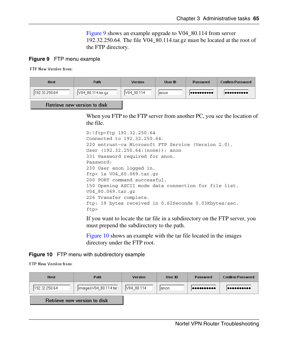 Figure 9, Ftp menu example, Figure 10 | Ftp menu with subdirectory example | Nortel Networks NN46110-602 User Manual | Page 65 / 230