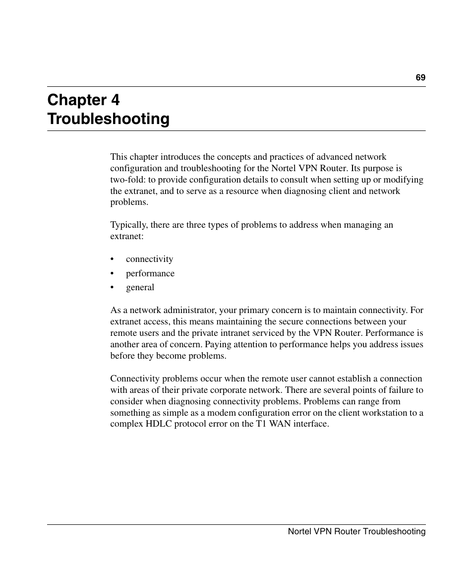 Chapter 4: troubleshooting, Chapter 4 troubleshooting | Nortel Networks NN46110-602 User Manual | Page 69 / 230