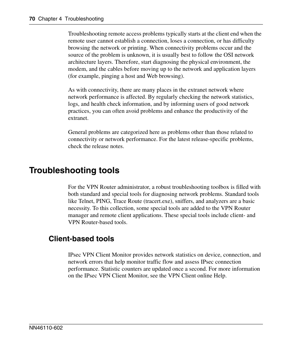 Troubleshooting tools, Client-based tools | Nortel Networks NN46110-602 User Manual | Page 70 / 230