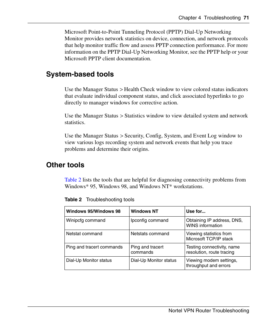 System-based tools, Other tools, Table 2 | Troubleshooting tools | Nortel Networks NN46110-602 User Manual | Page 71 / 230