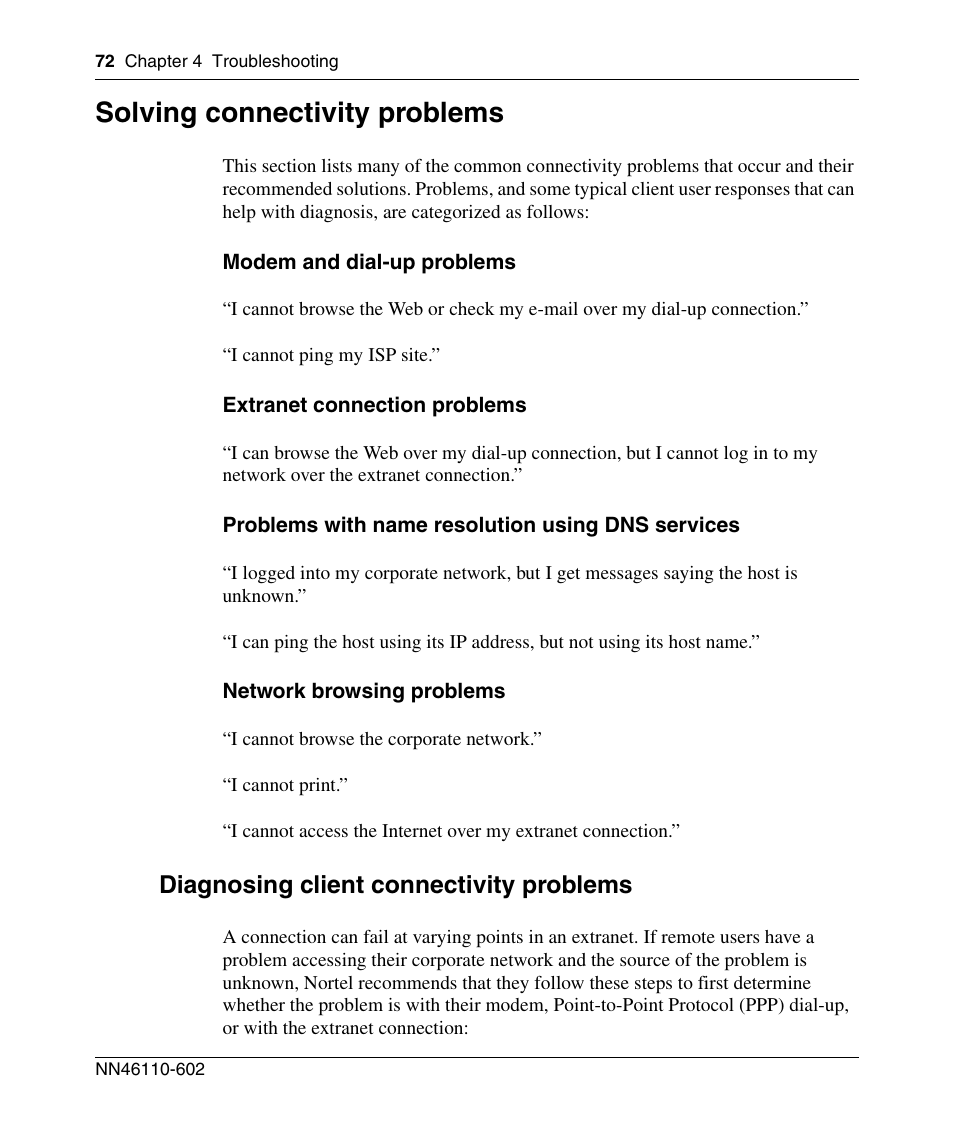 Solving connectivity problems, Diagnosing client connectivity problems | Nortel Networks NN46110-602 User Manual | Page 72 / 230