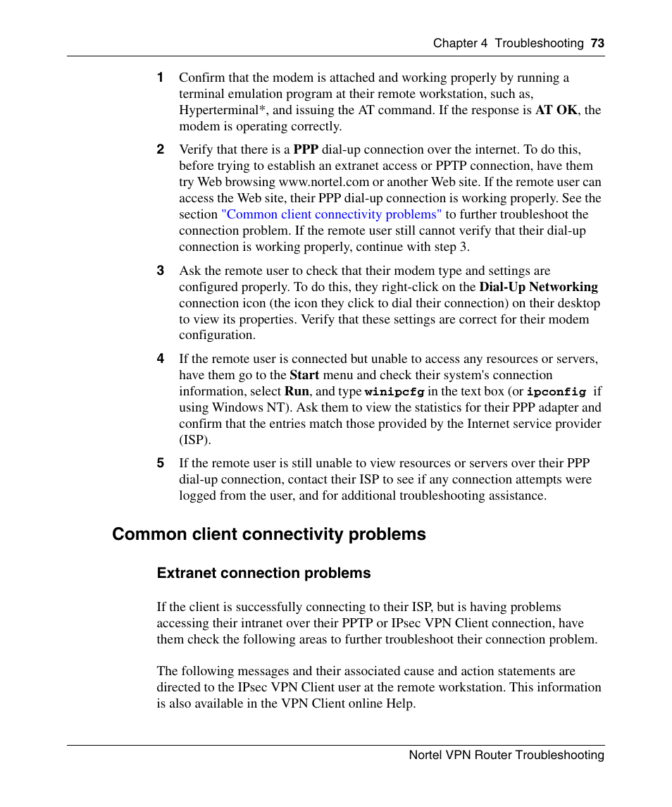 Common client connectivity problems | Nortel Networks NN46110-602 User Manual | Page 73 / 230