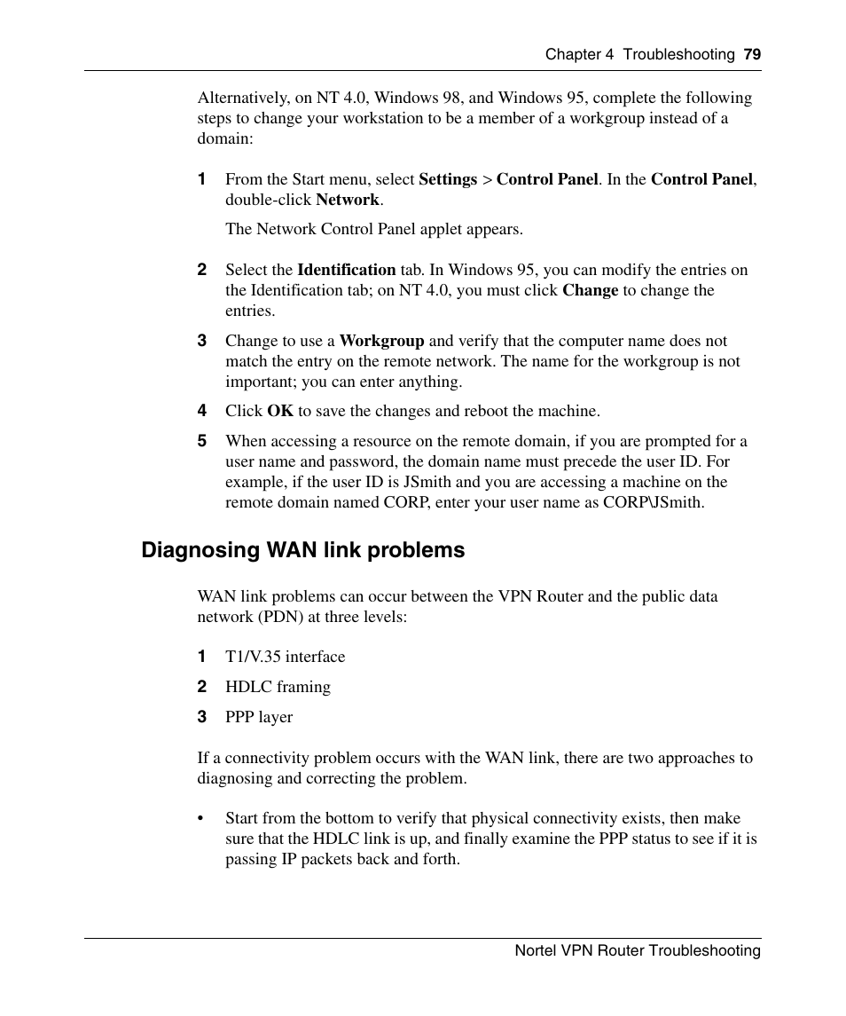 Diagnosing wan link problems | Nortel Networks NN46110-602 User Manual | Page 79 / 230