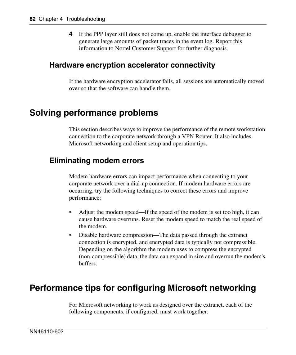 Hardware encryption accelerator connectivity, Solving performance problems, Eliminating modem errors | Nortel Networks NN46110-602 User Manual | Page 82 / 230