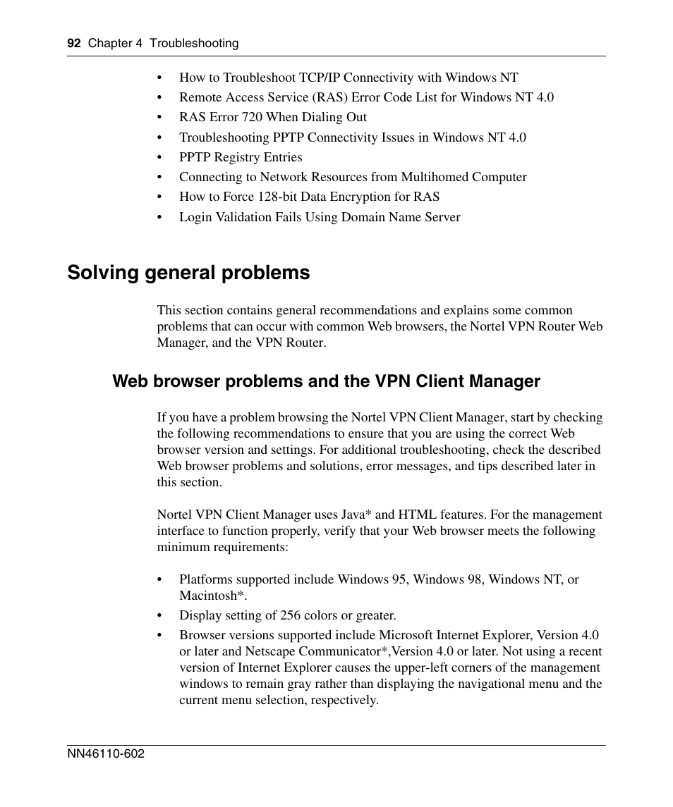 Solving general problems, Web browser problems and the vpn client manager | Nortel Networks NN46110-602 User Manual | Page 92 / 230