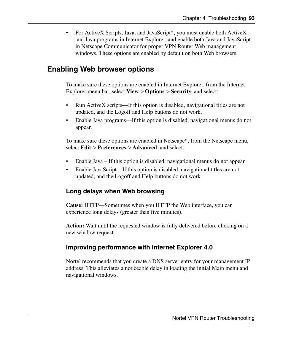 Enabling web browser options | Nortel Networks NN46110-602 User Manual | Page 93 / 230