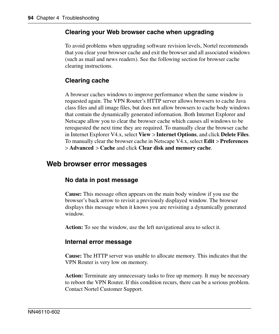 Web browser error messages | Nortel Networks NN46110-602 User Manual | Page 94 / 230