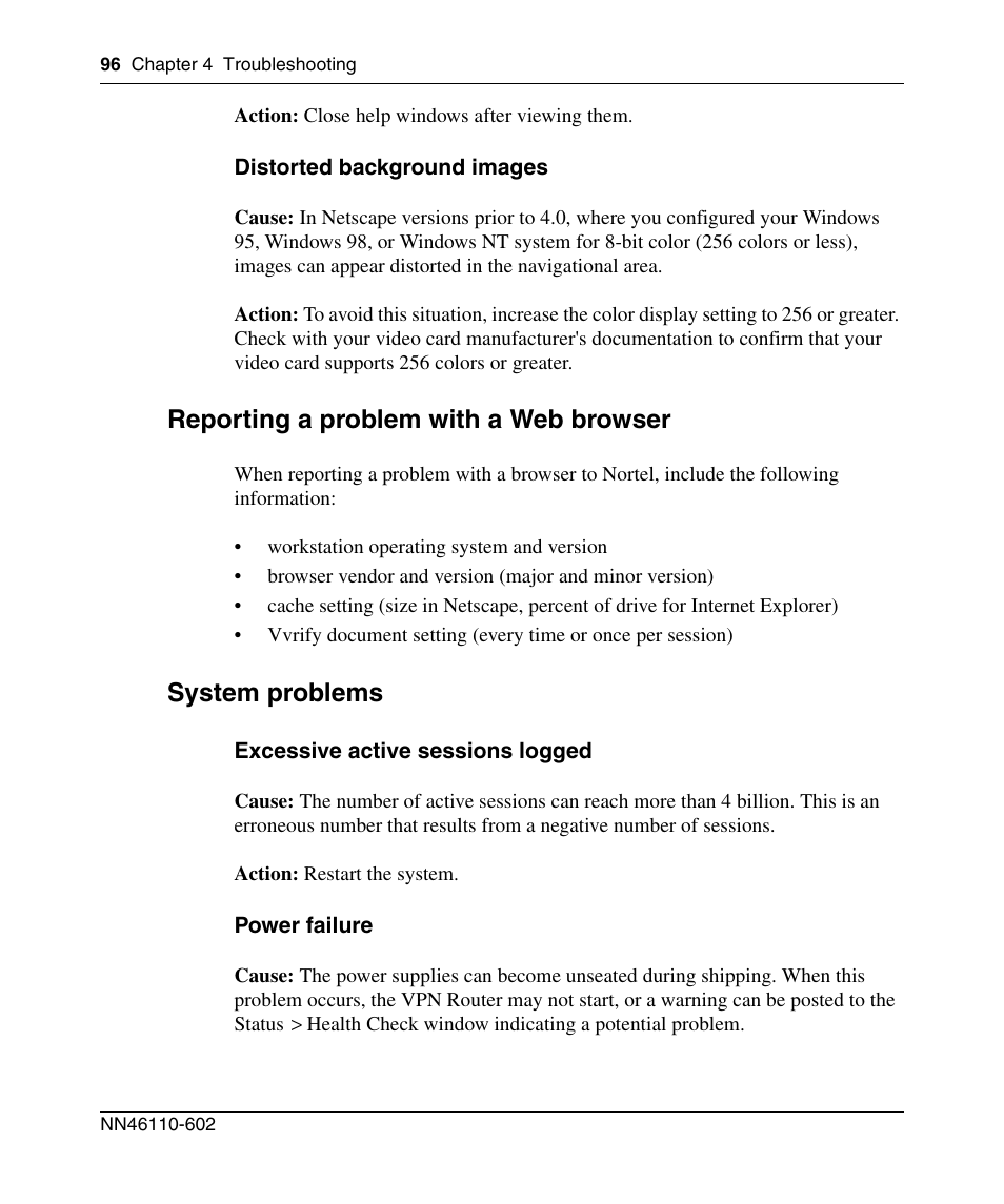 Reporting a problem with a web browser, System problems | Nortel Networks NN46110-602 User Manual | Page 96 / 230