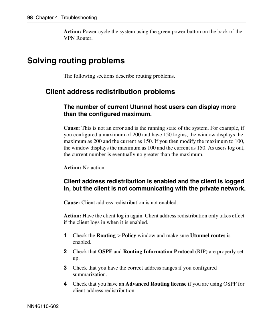 Solving routing problems, Client address redistribution problems | Nortel Networks NN46110-602 User Manual | Page 98 / 230