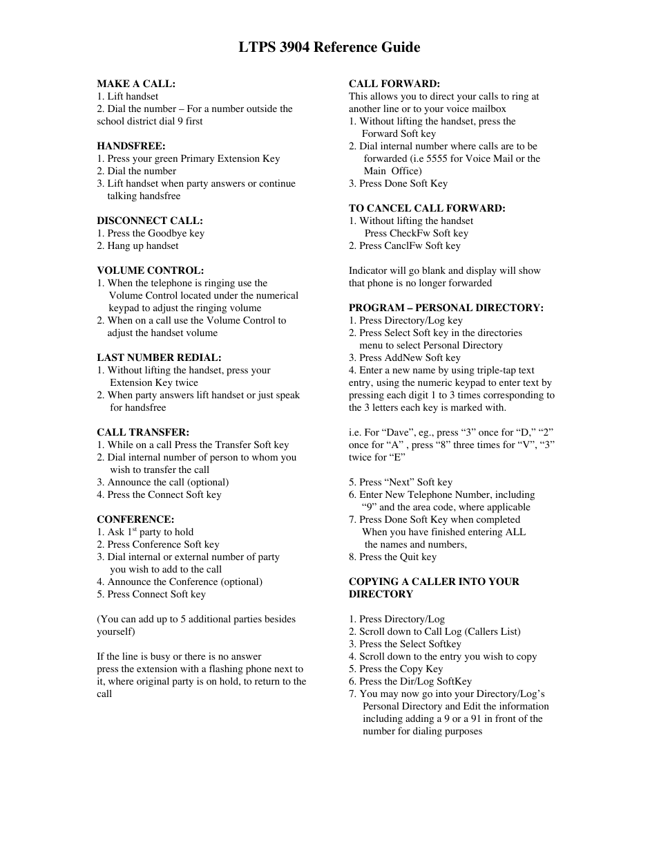 Ltps 3904 reference guide | Nortel Networks 3904 User Manual | Page 3 / 7
